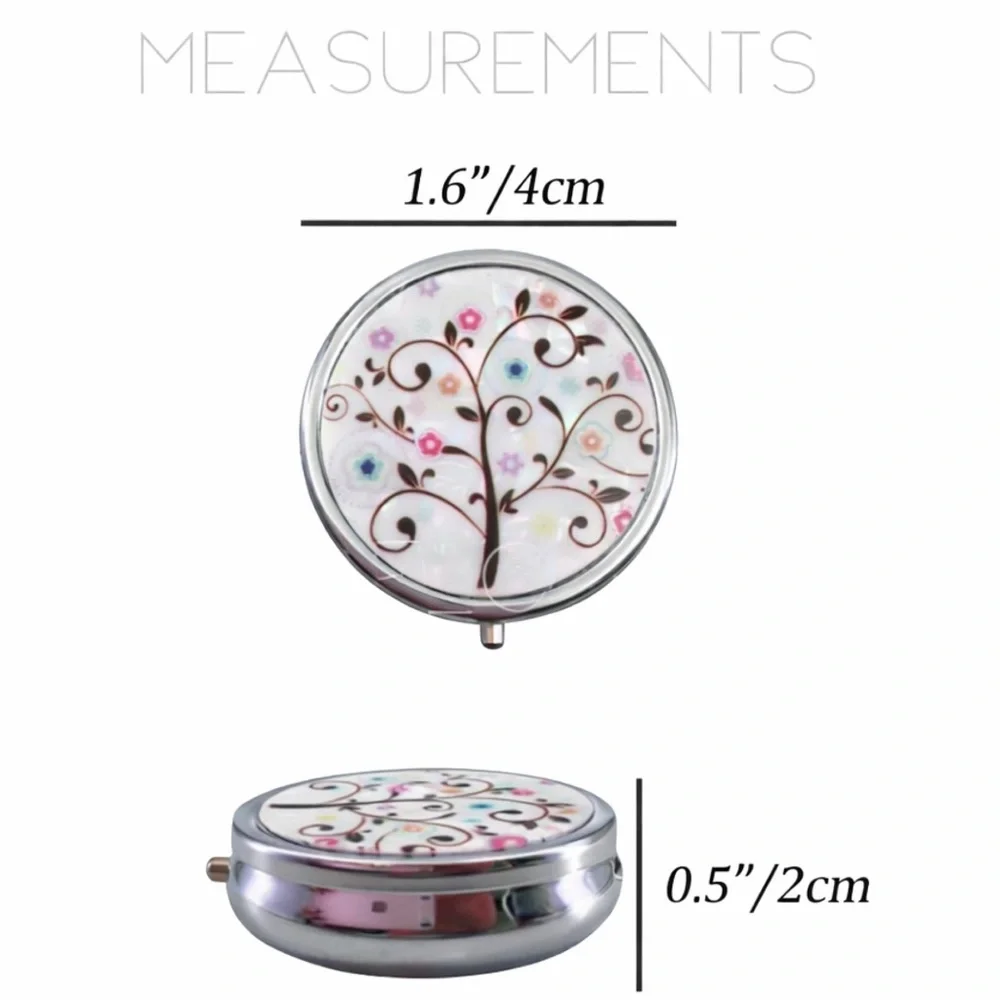 Floral Tree of Life Pill Box Mirror 3 Compartment Travel Case